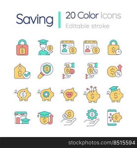 Savings and budget RGB color icons set. Investment and profit. Money income. Funds. Isolated vector illustrations. Simple filled line drawings collection. Editable stroke. Quicksand-Light font used. Savings and budget RGB color icons set