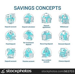 Savings concept icons set. Different banking systems, deposit account variety idea thin line illustrations. Passive income from savings account. Vector isolated outline drawings. Editable stroke
