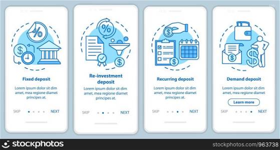 Savings, deposit investment onboarding mobile app page screen with linear concepts. Different deposit types. Four walkthrough steps graphic instructions. UX, UI, GUI vector template with illustrations