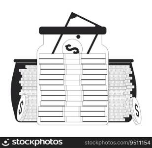 Savings flat monochrome isolated vector object. Cash and coins in glass jar. Money accumulation. Editable black and white line art drawing. Simple outline spot illustration for web graphic design. Savings flat monochrome isolated vector object
