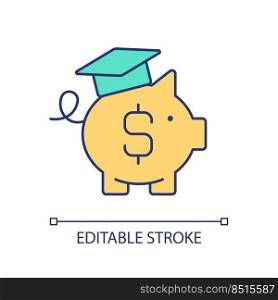 Savings for college RGB color icon. Piggy bank with mortar board and dollar. Education expenses. Isolated vector illustration. Simple filled line drawing. Editable stroke. Arial font used. Savings for college RGB color icon