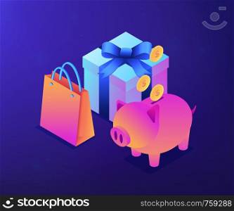 Savings in golden coins in a piggy bank, a shopping bag and a gift box. Cash savings, money spending control, save money motivation concept. Ultraviolet neon vector isometric 3D illustration.. Cash savings isometric 3D concept illustration.