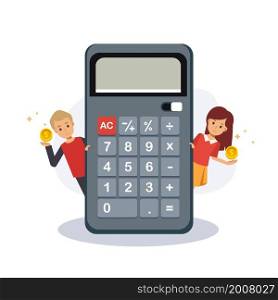 Savings money concept finance, Kid collected money.kid with big calculator.Flat vector 2D cartoon character illustration.