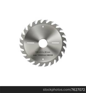 Saw blade isolated metal disk with sharp edges. Vector rotating metal carpentry gear. Sharp disk edges isolated circular saw to cut wood