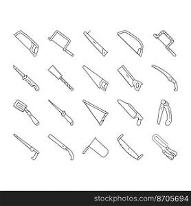 saw hand wood construction icons set vector. tool carpentry, handsaw blade, work manual, equipment sharp, metal carpenter, cut saw hand wood construction black contour illustrations. saw hand wood construction icons set vector