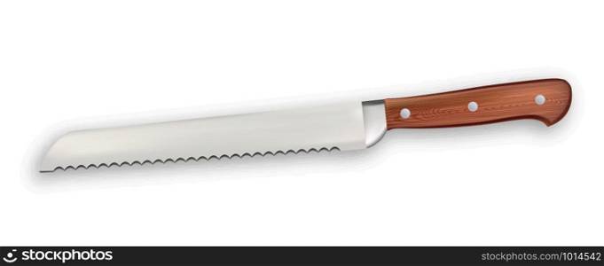Saw Knife Metallic Professional Kitchenware Vector. Stainless Knife With Wooden Handle Domestic Dangerous Blade With Sawteeth Instrument. Elegant Accessory Template Realistic 3d Illustration. Saw Knife Metallic Professional Kitchenware Vector