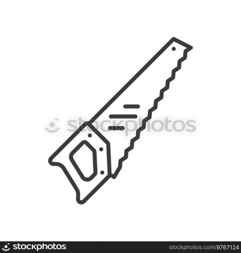 Saw repairman tool with hardened teeth isolated outline icon. Vector garden equipment, carpenter, gardener tool hand instrument. Sawblade agriculture and farming instrument with sharp blade teeth. Hand saw isolated carpenter or gardener tool icon