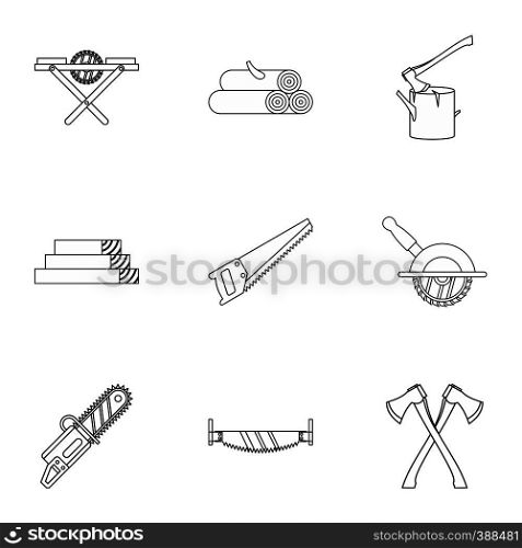 Sawing woods icons set. Outline illustration of 9 sawing woods vector icons for web. Sawing woods icons set, outline style
