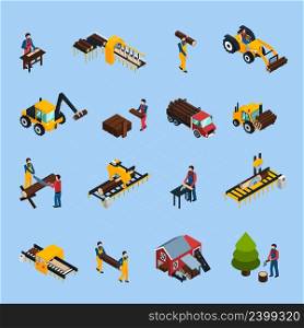 Sawmill isometric icons set of woodworking machinery working loggers and vehicles for timber transportation isolated vector illustration. Sawmill Isometric Icons Set