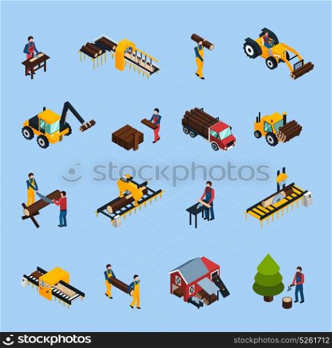 Sawmill Isometric Icons Set. Sawmill isometric icons set of woodworking machinery working loggers and vehicles for timber transportation isolated vector illustration