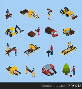 Sawmill Isometric Icons Set. Sawmill isometric icons set of woodworking machinery working loggers and vehicles for timber transportation isolated vector illustration
