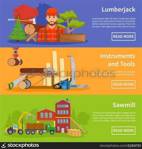 Sawmill Timber Flat Banners. Three horizontal sawmill banners set with compositions of professional processing equipment text and read more button vector illustration
