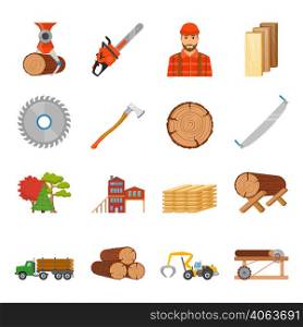 Sawmill timber flat isolated icons set with professional equipment tools and goods images on blank background vector illustration. Sawmill Timber Icon Set