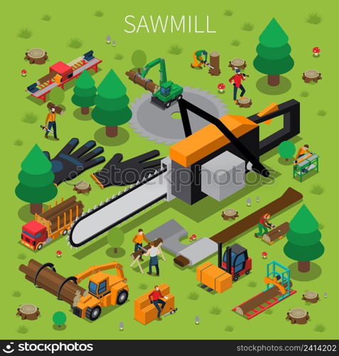 Sawmill timber mill lumberjack isometric composition with the abstract concept of logging process vector illustration. Sawmill Timber Mill Lumberjack Isometric Composition
