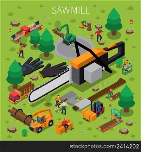 Sawmill timber mill lumberjack isometric composition with the abstract concept of logging process vector illustration. Sawmill Timber Mill Lumberjack Isometric Composition