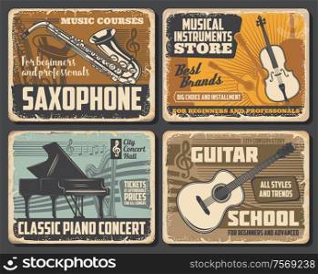 Saxophone and guitar, classic piano and violin musical instruments, retro vector. Music notes silhouette, tickets on concert. Music school courses and musical instruments store. Saxophone, guitar, piano and violin