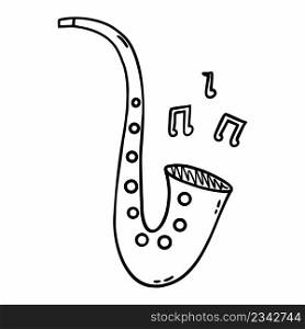 Saxophone and sheet music. Musical instrument. Vector doodle illustration.