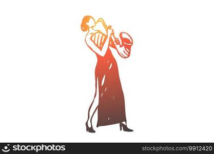 Saxophone, classic, music, woman, concert concept. Hand drawn woman in long dress playing on saxophone concept sketch. Isolated vector illustration.. Saxophone, classic, music, woman, concert concept. Hand drawn isolated vector.