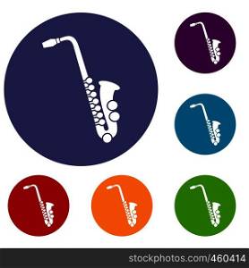 Saxophone icons set in flat circle reb, blue and green color for web. Saxophone icons set