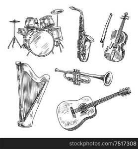 Saxophone, violin, drum set, acoustic guitar, trumpet and harp isolated sketches. Vintage engraving musical instruments for arts, music and entertainment design. Musical instruments sketches for arts design