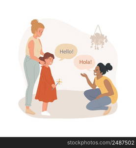 Say hello in foreign language isolated cartoon vector illustration. Children say hello, bilingual daycare center, immersion language program for kids, learning foreign language vector cartoon.. Say hello in foreign language isolated cartoon vector illustration.