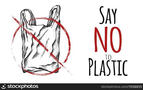 Say no to plastic. Black and white line drawing of a plastic bag with hatching. Environmental pollution. Vector horizontal card with scribble drawing for your creativity.. Say no to plastic. Black and white line drawing of a plastic bag with hatching. Environmental pollution. Vector horizontal card
