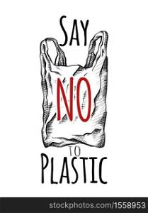 Say no to plastic. Black white line drawing of a plastic bag. Environmental pollution. Vector scribble drawing for your creativity.. Say no to plastic. Black white line drawing of a plastic bag. Environmental pollution. Vector scribble drawing