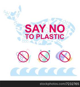 Say no to plastic in ocean flat concept icons set. Nature protection. Waste reduce and refuse. Plastic free stickers, cliparts pack. Isolated cartoon illustrations on white background. Say no to plastic in ocean flat concept icons set