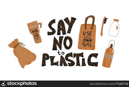 Say no to plastic quote with eco lifestyle elements isolated on white background. Hand drawn text and zero waste symbols in doodle style set. Vector color illustration.