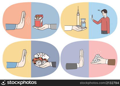 Saying no to bad habits and addictions concept. Human hand showing rejecting refusing no sign to cigarettes drugs gambling casino and white sugar vector illustration. Saying no to bad habits and addictions concept