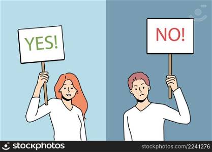 Saying yes or no concept. Young positive woman holding yes sign when negative man holding no sign in hands opposite decisions vector illustration . Saying yes or no concept.