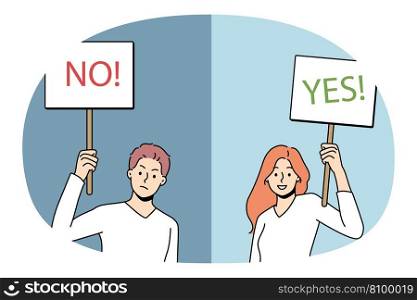 Saying yes or no concept. Young positive woman holding yes sign when negative man holding no sign in hands opposite decisions vector illustration. Saying yes or no concept.
