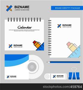 Scale and pen Logo, Calendar Template, CD Cover, Diary and USB Brand Stationary Package Design Vector Template
