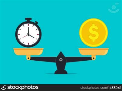 Scale balance of time is money. Value money comparison and time in flat style. Money and time balance on measure scale. Compare weight of clock and money for success business concept. vector eps10. Scale balance of time is money. Value money comparison and time in flat style. Money and time balance on measure scale. Compare weight of clock and money for success business concept. vector