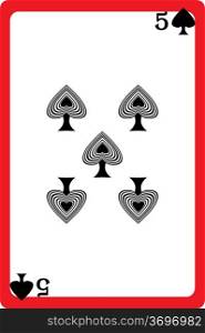 Scale hand drawn illustration of a playing card representing the five of spades, one element of a deck