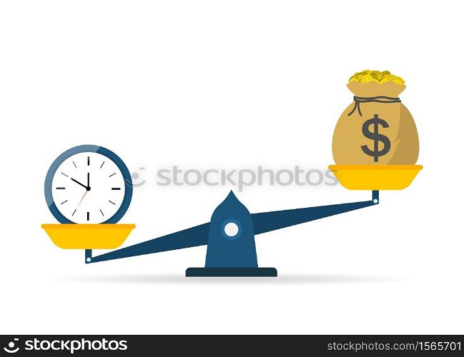 Scale of balance between time and money. Icon of weight and comparison. Seesaw from cost to clock. Equity value of work. Investment finance - income profit. Symbol of measure of success life. Vector.. Scale of balance between time and money. Icon of weight and comparison. Seesaw from cost to clock. Equity value of work. Investment finance - income profit. Symbol of measure of success life. Vector
