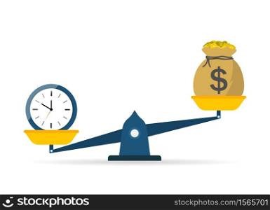 Scale of balance between time and money. Icon of weight and comparison. Seesaw from cost to clock. Equity value of work. Investment finance - income profit. Symbol of measure of success life. Vector.. Scale of balance between time and money. Icon of weight and comparison. Seesaw from cost to clock. Equity value of work. Investment finance - income profit. Symbol of measure of success life. Vector