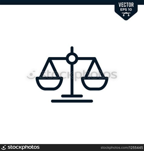 Scale of justice icon collection in outlined or line art style, editable stroke vector