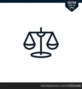Scale of justice icon collection in outlined or line art style, editable stroke vector