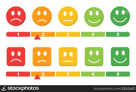Scale rating satisfaction with emotions. Colour indicator feedback scale. Stock vector elements.. Scale rating satisfaction with emotions. Colour indicator feedback scale.
