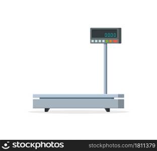 Scale weight. Scale balance for parcel and package. Industrial electronic machine with digital scales. Measure of cargo on platform. Equipment for delivery, shipping and weighing. Vector.. Scale weight. Scale balance for parcel and package. Industrial electronic machine with digital scales. Measure of cargo on platform. Equipment for delivery, shipping and weighing. Vector