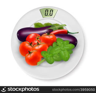 Scale With Vegetables. Concept of Diet. Vector.