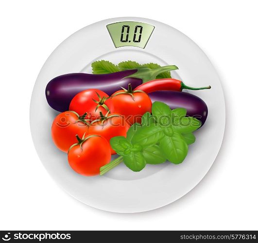 Scale With Vegetables. Concept of Diet. Vector.
