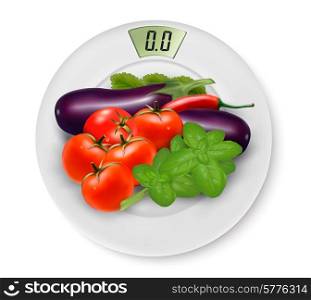 Scale With Vegetables. Concept of Diet. Vector.