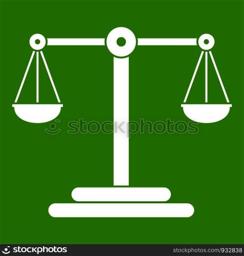Scales balance icon white isolated on green background. Vector illustration. Scales balance icon green