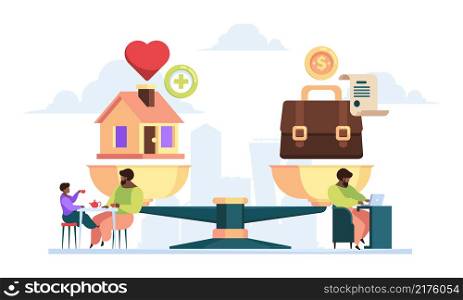 Scales business concept. Flat background with comparison money and perfect innovation ideas successful happy people garish vector illustration. Comparison money weight and family. Scales business concept. Flat background with comparison money and perfect innovation ideas successful happy people garish vector illustrations