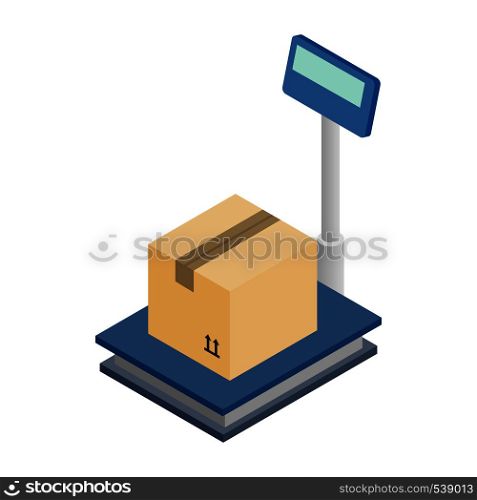 Scales for weighing with box icon in isometric 3d style on a white background. Scales for weighing with box icon