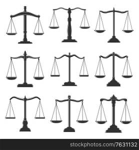 Scales, justice law, notary lawyer and legal attorney vector icons. Scales symbols of judicial justice court, advocate and legal court, advocacy, notary and jurisprudence, civil rights counsel signs. Scales, justice law and notary lawyer legal icons