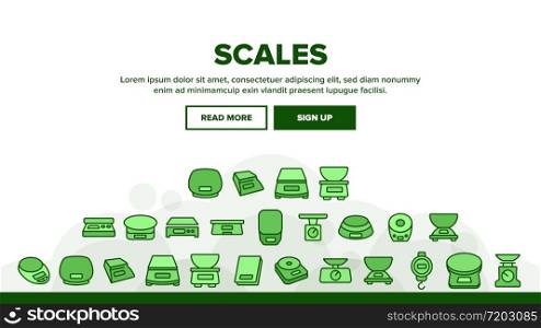 Scales Measuring Tool Landing Web Page Header Banner Template Vector. Domestic Kitchen Scales, Mechanical And Electronic Measurement Equipment For Weigh Illustrations. Scales Measuring Tool Landing Header Vector