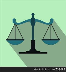 Scales of justice icon in flat style on a light blue background. Scales of justice icon, flat style